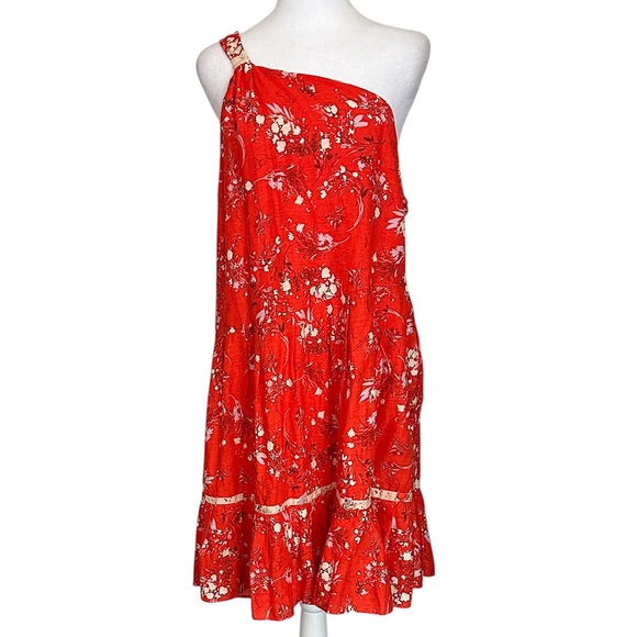 Free People Women All Mine Linen Blend Floral Mini Dress Red One Shoulder Size L - Picture 1 of 15